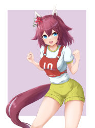 Rule 34 | 1girl, alternate costume, animal ears, arms at sides, blue eyes, blush, breasts, clenched hands, commentary request, flower, gym uniform, hair between eyes, hair flaps, hair flower, hair ornament, highres, horse ears, horse girl, horse tail, kemuri (etep3372), looking at viewer, medium breasts, medium hair, open mouth, original race uniform (umamusume), pink hair, sakura chiyono o (umamusume), shorts, simple background, solo, tail, umamusume