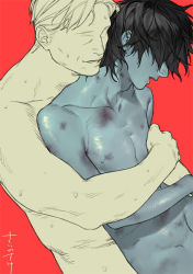 Rule 34 | 2boys, black hair, bruise, collarbone, colored skin, completely nude, father and son, grey skin, incest, injury, japants, male focus, multiple boys, nude, open mouth, original, signature, smile, solo, sweat, teeth, upper teeth only, yaoi