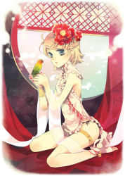 Rule 34 | 1girl, bad id, bad pixiv id, bare shoulders, bell, bird, bird on hand, blonde hair, blue eyes, chinese clothes, curtains, earrings, flower, hair flower, hair ornament, hairclip, jewelry, jonejung, kagamine rin, nail polish, panties, short hair, side-tie panties, sitting, sleeveless, solo, thigh strap, underwear, vocaloid, wariza, wristband
