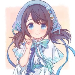 Rule 34 | 1girl, black hair, blue bow, blue eyes, blue gemstone, blue ribbon, blush, bow, buttons, capelet, chiaki riko, child, collared shirt, framed, frills, gem, hair bow, hair ribbon, hand up, head scarf, holding, holding ribbon, looking at viewer, low twintails, lowres, magia record: mahou shoujo madoka magica gaiden, magical girl, mahou shoujo madoka magica, medium hair, orange background, outside border, portrait, ribbon, ruru (rurumagi), shirt, simple background, smile, solo, striped, striped bow, swept bangs, twintails, white capelet, wind