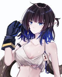 Rule 34 | 1girl, aem strap, arknights, bare shoulders, black hair, blue eyes, blue gloves, blue hair, blunt bangs, breasts, cleavage, closed mouth, collarbone, crop top, earrings, eunectes (arknights), eunectes (forgemaster) (arknights), gloves, gradient hair, hamd up, highres, jewelry, looking at viewer, medium breasts, multicolored hair, official alternate costume, one side up, pointy ears, ruchita, scales, short hair, single earring, sleeveless, snake tail, solo, tail, torn clothes, upper body