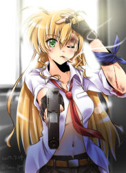 Rule 34 | 1girl, aged up, alternate hairstyle, bandages, belt, black gloves, black pants, blonde hair, blood, brown belt, cigarette, dated, dress shirt, gloves, green eyes, gun, hair down, hand on own head, handgun, holding, lens flare, long hair, loose necktie, lyrical nanoha, mouth hold, navel, necktie, one eye closed, open clothes, open shirt, pants, red necktie, san-pon, shirt, sleeves rolled up, smoke, smoking, solo, twitter username, vivio, weapon, white shirt