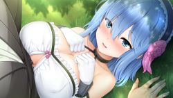 Rule 34 | 1boy, 1girl, bare shoulders, blue eyes, blue hair, blush, breasts, breasts squeezed together, censored, cleavage, flower, from above, game cg, grass, hair flower, hair ornament, hands on own chest, irene (paizuri fiancee), large breasts, lying, maid, maid headdress, matching hair/eyes, mosaic censoring, on back, original, outdoors, paizuri, paizuri fiancee, parted lips, penis, short hair, smile, solo focus, straddling, straddling paizuri, uni8, upper body