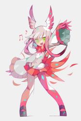 Rule 34 | 10s, 1girl, :d, amakusa (hidorozoa), bad id, bad twitter id, blunt bangs, commentary request, full body, fur trim, gloves, green eyes, grey background, head wings, highres, japanese crested ibis (kemono friends), kemono friends, long sleeves, looking at viewer, open mouth, outstretched arms, pantyhose, pleated skirt, red gloves, red pantyhose, red skirt, simple background, skirt, smile, solo, spread arms, standing, white hair, wide sleeves, wings