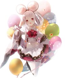 Rule 34 | 1girl, :d, animal, animal ears, balloon, bow, brooch, cheese, closed eyes, collared shirt, commentary request, eating, eyebrows hidden by hair, food, granblue fantasy, hair bow, heart, heart brooch, highres, holding, holding food, jewelry, long sleeves, looking at viewer, midriff, mouse (animal), mouse ears, navel, open mouth, pantyhose, pleated skirt, red bow, red eyes, shirt, simple background, skirt, smile, solo, vikala (granblue fantasy), white background, white hair, white pantyhose, white shirt, white skirt, wide sleeves, yuzuyomogi