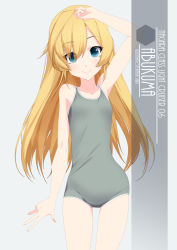 Rule 34 | 1girl, abukuma (kancolle), alternate hairstyle, artist name, blonde hair, blue eyes, character name, collarbone, competition school swimsuit, contrapposto, cowboy shot, eyes visible through hair, flat chest, grey background, grey one-piece swimsuit, hair between eyes, hair down, hand on own head, highres, inaba shiki, kantai collection, long hair, looking at viewer, one-hour drawing challenge, one-piece swimsuit, school swimsuit, simple background, solo, standing, swimsuit