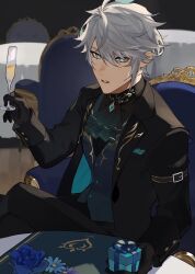 Rule 34 | 1boy, ahoge, alcohol, alhaitham (genshin impact), aqua ascot, aqua eyes, aqua gemstone, aqua hair, aqua vest, ascot, black ascot, black gloves, black jacket, black pants, black shirt, blue flower, blue rose, box, breast pocket, brooch, buttons, chair, champagne, champagne flute, commentary, commentary request, crossed legs, cup, drinking glass, english commentary, flower, gem, genshin impact, gift, gift box, gloves, gradient ascot, grey hair, hair between eyes, hand up, handkerchief, highres, holding, holding cup, jacket, jewelry, kichi owo, lapels, long sleeves, looking at viewer, male focus, mixed-language commentary, multicolored hair, on chair, open clothes, open jacket, pants, parted bangs, parted lips, pocket, rose, shirt, short hair, sidelocks, sitting, sleeve cuffs, solo, swept bangs, table, tablecloth, vest
