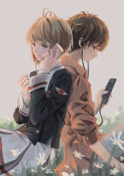 Rule 34 | 1boy, 1girl, absurdres, antenna hair, back-to-back, brown hair, brown shirt, cardcaptor sakura, cellphone, clenched hand, closed mouth, commentary request, earbuds, earphones, grass, grey background, highres, holding, holding phone, kinomoto sakura, li xiaolang, long sleeves, making-of available, phone, pleated skirt, school uniform, shirt, short hair, simple background, sitting, skirt, smartphone, smile, tomoeda middle school uniform, white skirt, xiaobanbei milk