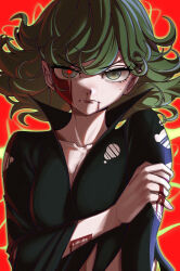 Rule 34 | 1girl, absurdres, black dress, blood, blood on arm, blood on face, breasts, cleavage, closed mouth, cloudy rain4, commentary, dress, glowing, green eyes, green hair, green outline, hand on own arm, highres, long sleeves, looking at viewer, one-punch man, outline, red background, red pupils, short hair, small breasts, solo, tatsumaki, torn clothes, torn dress, upper body, wide sleeves