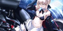Rule 34 | apron, artoria pendragon (all), artoria pendragon (alter swimsuit rider) (fate), artoria pendragon (alter swimsuit rider) (second ascension) (fate), artoria pendragon (fate), bikini, bikini top only, black bikini, black jacket, braid, bridal garter, fate/grand order, fate (series), food, french braid, frilled apron, frilled bikini, frilled bikini top, frills, highres, hood, hoodie, jacket, maid, maid bikini, maid headdress, motor vehicle, motorcycle, open clothes, open hoodie, open jacket, popsicle, saber alter, swimsuit, tsuuhan, unconventional maid, waist apron, yellow eyes