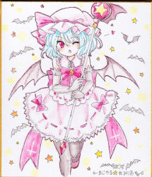Rule 34 | 1girl, adapted costume, alternate costume, bat (animal), bat wings, black pantyhose, blue hair, bow, brooch, chestnut mouth, elbow gloves, gloves, heart, jewelry, magical girl, maru usagi, one eye closed, open mouth, pantyhose, pink bow, pink eyes, remilia scarlet, shikishi, shirt, skirt, skirt set, solo, staff, star (symbol), touhou, traditional media, white gloves, wings, wink