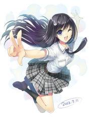 Rule 34 | 1girl, black hair, black legwear, blue eyes, brown footwear, cat hair ornament, circle skirt, dated, full body, hair ornament, huyukaaki, jumping, knees, legs up, loafers, long hair, looking at viewer, necktie, one eye closed, open hand, open mouth, original, peace symbol, plaid, plaid skirt, pleated skirt, school uniform, shirt, shoes, short sleeves, simple background, skirt, smile, solo, tongue, v, white shirt, wink
