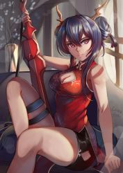 Rule 34 | 1girl, absurdres, arknights, artist name, bare arms, bare legs, bare shoulders, black shorts, blue hair, breasts, caiman pool, ch&#039;en (ageless afterglow) (arknights), ch&#039;en (arknights), chi xiao (arknights), china dress, chinese clothes, cleavage, cleavage cutout, clothing cutout, commentary request, double bun, dragon horns, dress, feet out of frame, hair between eyes, hair bun, highres, holding, holding sword, holding weapon, horns, indoors, long hair, looking at viewer, medium breasts, official alternate costume, red dress, red eyes, short shorts, shorts, sidelocks, sitting, sleeveless, sleeveless dress, solo, sword, thigh strap, thighs, weapon