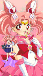 Rule 34 | 1990s (style), 1girl, back bow, bishoujo senshi sailor moon, bishoujo senshi sailor moon supers, blue skirt, blush, bow, brooch, chibi usa, child, choker, collarbone, cone hair bun, double bun, earrings, elbow gloves, gloves, gradient background, hair bun, hair ornament, halftone, halftone background, heart, heart brooch, heart choker, heart necklace, highres, holding, holding wand, jewelry, leg lift, looking at viewer, luna-p, magical girl, mikiky, miniskirt, multiple views, neck, necklace, official style, open mouth, pink background, pink choker, pink hair, pink sailor collar, pink skirt, pink theme, pleated skirt, red bow, red eyes, retro artstyle, sailor chibi moon, sailor collar, sailor senshi, school uniform, serafuku, short hair, skirt, smile, standing, standing on one leg, star (symbol), super sailor chibi moon, tiara, twintails, wand, white gloves