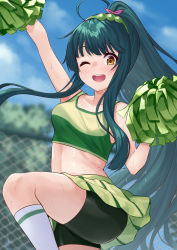 Rule 34 | 1girl, ;d, absurdres, arm up, bare arms, bare shoulders, black shorts, blue sky, blurry, blurry background, blush, chain-link fence, cheerleader, cloud, commentary request, crop top, day, fence, green hair, green shirt, green skirt, hand up, highres, holding, holding pom poms, kneehighs, long hair, looking at viewer, midriff, miniskirt, one eye closed, open mouth, outdoors, pom pom (cheerleading), pom poms, ponytail, shirt, shorts, shorts under skirt, skirt, sky, sleeveless, sleeveless shirt, smile, socks, solo, standing, standing on one leg, stomach, tenneko yuuri, thighs, touhoku zunko, very long hair, voiceroid, white socks, yellow eyes