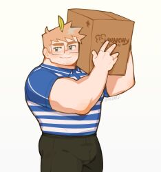Rule 34 | 1boy, bara, box, bulge, cardboard box, carrying over shoulder, delivery, employee uniform, facial hair, feet out of frame, glasses, goatee stubble, highres, holding, holding box, large pectorals, looking at viewer, male focus, muscular, muscular male, original, package, pants, pectorals, seductive smile, short hair, smile, solo, stubble, thick eyebrows, uniform, yogireji