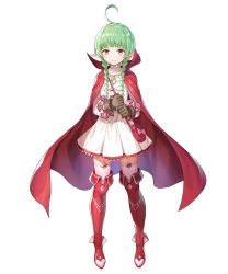 Rule 34 | 1girl, ahoge, boots, braid, brown gloves, cape, dress, fire emblem, fire emblem awakening, fire emblem heroes, full body, fur trim, garter straps, gloves, green hair, highres, jewelry, long hair, nah (fire emblem), necklace, nintendo, official art, pink thighhighs, pointy ears, red cape, red footwear, short dress, solo, standing, thigh boots, thighhighs, transparent background, twin braids, twintails