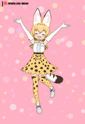 Rule 34 | 1girl, animal ears, armpits, arms up, bare shoulders, blonde hair, boots, bush, elbow gloves, closed eyes, gloves, highres, kemono friends, open hands, open mouth, patreon username, self-upload, serval (kemono friends), serval print, short hair, skirt, sleeveless, smile, solo, tail, takeshi~, thighhighs