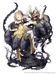 Rule 34 | 1girl, absurdres, blonde hair, briar rose (sinoalice), collarbone, crown, dress, floral print, frills, full body, gloves, highres, ji no, looking at viewer, official art, one eye closed, parted lips, ribbon, side ponytail, sinoalice, solo, square enix, stuffed toy, sword, thorns, weapon, white background, white gloves, yellow dress, yellow eyes