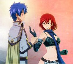 Rule 34 | 1boy, 1girl, angry, armor, bikini armor, blue hair, breasts, clenched teeth, erza knightwalker, fairy tail, highres, jewelry, king, knight, large breasts, milady666, mystogan, red hair, restrained, scar, scarf, short hair, tattoo, teeth