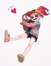 Rule 34 | 1girl, black shorts, blue shirt, closed eyes, commentary, dolphin shorts, fang, grey background, hairband, heart, highres, holding, holding weapon, ink 1001, long sleeves, makeup, nintendo, no socks, octoling, octoling girl, octoling player character, open mouth, pink footwear, pink shirt, red hairband, shirt, shoes, short hair, short ponytail, short shorts, shorts, simple background, slosher (splatoon), smile, sneakers, solo, standing, striped clothes, striped shirt, tentacle hair, two-tone shirt, visor cap, weapon, yellow headwear