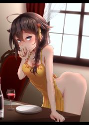 Rule 34 | 1girl, ahoge, apron, arched back, ass, back, backlighting, blue eyes, braid, breasts, brown hair, cleavage, clothes writing, commentary request, cup, drinking glass, hair flaps, hair ornament, hair over shoulder, highres, huge ahoge, indoors, jewelry, kantai collection, leaning forward, letterboxed, long hair, md5 mismatch, medium breasts, naked apron, naughty face, no panties, nuka (nvkka), plate, plate stack, red wine, resolution mismatch, ring, shigure (kancolle), shigure kai ni (kancolle), single braid, smile, solo, source smaller, standing, table, wedding band, window, wine, wine glass