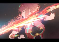 Rule 34 | 1girl, black gloves, breasts, brown eyes, closed mouth, commentary, dark background, earrings, fingerless gloves, fire, gloves, highres, holding, holding sword, holding weapon, impossible clothes, jewelry, large breasts, letterboxed, looking away, looking to the side, neon trim, profile, pyra (xenoblade), pyrokinesis, red eyes, short hair, short sleeves, solo, sword, tiara, upper body, uyama hajime, weapon, wrist guards, xenoblade chronicles (series), xenoblade chronicles 2