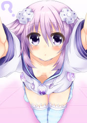 Rule 34 | 10s, 1girl, ?, absurdres, bad id, bad pixiv id, blush, collarbone, d-pad, hair ornament, heart, highres, hood, hooded track jacket, hoodie, hug, jacket, jewelry, looking at viewer, neptune (neptunia), neptune (series), purple eyes, purple hair, smile, solo, striped clothes, striped legwear, striped thighhighs, thighhighs, track jacket, zero-theme