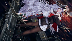 Rule 34 | aircraft, ass, azur lane, breasts, cross, full body, gloves, graf zeppelin (azur lane), hat, high heels, highres, iron cross, long hair, looking at viewer, military, military uniform, pantyhose, pink eyes, rigging, silver hair, solo, uniform, very long hair, water