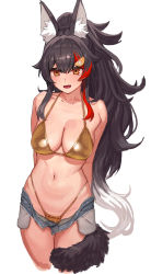 Rule 34 | 1girl, animal ear fluff, animal ears, arms behind back, bikini, black hair, breasts, brown eyes, cleavage, cowboy shot, hair between eyes, hair ornament, hairclip, halterneck, highleg, highleg bikini, highres, hololive, large breasts, looking at viewer, micro shorts, multicolored hair, navel, ookami mio, open mouth, ponytail, red hair, shorts, simple background, solo, stomach, streaked hair, string bikini, swimsuit, tail, tail around own leg, tenchisouha, virtual youtuber, white background, white hair, wolf ears, wolf girl, wolf tail, yellow bikini