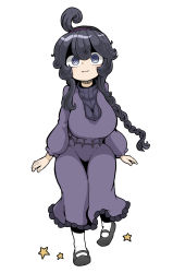 Rule 34 | 1girl, @ @, aged down, ahoge, alternate breast size, alternate hairstyle, black hair, braid, breasts, cleavage, creatures (company), dress, full body, game freak, hairband, hex maniac (pokemon), highres, large breasts, long hair, long sleeves, looking at viewer, messy hair, nintendo, oppai loli, pokemon, pokemon xy, purple eyes, simple background, solo, tazonotanbo, turtleneck, white background