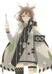 Rule 34 | 1girl, absurdres, ahoge, arknights, armband, black armband, black thighhighs, brown eyes, brown hair, coat, cowboy shot, glasses, highres, holding, holding syringe, id card, looking at viewer, owl ears, rhine lab logo, short hair, silence (arknights), single thighhigh, solo, straight-on, syringe, thigh strap, thighhighs, tokorinowa, vial, white coat