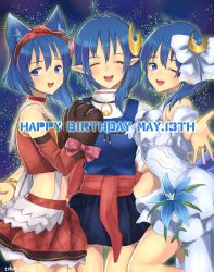Rule 34 | 1girl, ahoge, blue eyes, blue hair, blue skirt, blush, breasts, cape, crescent, crescent hair ornament, gloves, hair ornament, highres, looking at viewer, murata tefu, open mouth, pointy ears, red cape, rena lanford, short hair, skirt, smile, solo, star ocean, star ocean anamnesis, star ocean the second story