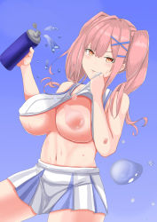 Rule 34 | 1girl, azur lane, bad id, bad pixiv id, bare shoulders, blue background, blue skirt, blush, bottle, breasts, bremerton (azur lane), bremerton (scorching-hot training) (azur lane), clothes lift, commentary request, convenient censoring, cowboy shot, crop top, drying, eyebrows hidden by hair, hair between eyes, hair intakes, hair ornament, hairclip, holding, holding bottle, large breasts, lifted by self, long hair, looking at viewer, navel, no mole, one breast out, parted lips, pink eyes, pink hair, shirt, shirt lift, shuttle (kaede-gumi), sidelocks, simple background, skirt, sleeveless, sleeveless shirt, solo, sportswear, standing, stomach, sweat, tennis uniform, twintails, two-tone shirt, two-tone skirt, underboob, water bottle, water drop, white shirt, white skirt, x hair ornament