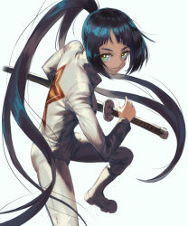Rule 34 | 1girl, black hair, chyko7080, green eyes, holding, holding weapon, jumpsuit, katana, long hair, looking at viewer, original, ponytail, scabbard, sheath, sheathed, simple background, smile, solo, star (symbol), sword, very long hair, weapon