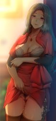 Rule 34 | 10s, 1girl, black hair, blush, breasts, breath, cattleya baudelaire, cleavage, cleft of venus, clothes lift, collarbone, dress, dress lift, female pubic hair, ginhaha, half-closed eyes, jewelry, large breasts, long hair, looking at viewer, necklace, no panties, pubic hair, purple eyes, pussy, pussy juice, red dress, solo, standing, thigh gap, violet evergarden, violet evergarden (series)