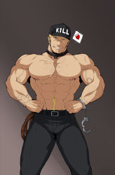 Rule 34 | 1boy, abs, absurdres, bara, baseball cap, black collar, black pants, blonde hair, bulge, chest hair, collar, facial hair, feet out of frame, goatee, hand on own hip, handcuff dangle, hat, hataraku saibou, highres, killer t (hataraku saibou), kito (clamp5656), large pectorals, lip piercing, looking at viewer, male focus, mature male, muscular, muscular male, navel, navel hair, nipples, one eye closed, original, pants, pectorals, piercing, rope, seductive smile, short hair, sideburns, smile, smirk, solo, standing, stomach, stubble, thick thighs, thighs, tight clothes, tight pants, topless male, veins