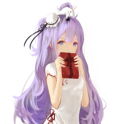 Rule 34 | 1girl, an yasuri, azur lane, bad id, bad pixiv id, box, breasts, bun cover, china dress, chinese clothes, commentary request, covered mouth, dress, gift, gift box, hair between eyes, hair bun, highres, holding, holding gift, long hair, looking at viewer, on head, one side up, purple eyes, purple hair, short sleeves, side bun, simple background, single hair bun, single side bun, small breasts, solo, stuffed animal, stuffed toy, stuffed unicorn, unicorn (azur lane), very long hair, white background, white dress