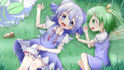 Rule 34 | 2girls, bloomers, blue eyes, blue hair, bow, cirno, collarbone, daiyousei, eye contact, fairy wings, fang, grass, green eyes, green hair, hair bow, hair ribbon, highres, ice, ice wings, lily pad, looking at another, lying, makuran, multiple girls, on back, on grass, on side, open mouth, pond, puffy sleeves, ribbon, rock, shade, short hair, short sleeves, side ponytail, touhou, underwear, untied, wings
