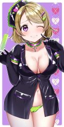 1girl absurdres breasts brown_hair cameltoe choker cleavage cross highres jewelry kazepana koizumi_hanayo looking_at_viewer love_live! lowleg necklace needle one_eye_closed pendant pendant_choker purple_eyes shiny_clothes short_hair smile solo syringe