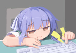 1girl :t bored bow brown_eyes closed_mouth computer_keyboard hair_bow hassai highres jitome no_lineart original ponytail pout purple_hair short_sleeves solo white_bow