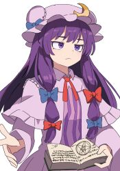 Rule 34 | 1girl, blue bow, book, bow, crescent, crescent hat ornament, hair bow, hat, hat ornament, highres, holding, holding book, kv-san, long sleeves, mob cap, open book, patchouli knowledge, puffy long sleeves, puffy sleeves, purple eyes, purple hair, purple hat, red bow, simple background, solo, touhou, upper body, white background