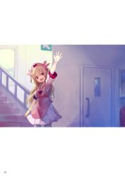 Rule 34 | 1girl, apron, arm up, blush, door, dress, fang, hair ornament, hat, heart, indoors, light brown hair, long hair, looking at viewer, makihitsuji, natori sana, nurse cap, open mouth, pink apron, pink hat, puffy short sleeves, puffy sleeves, rabbit hair ornament, red eyes, sana channel, short sleeves, skin fang, smile, solo, stairs, thighhighs, two side up, upper body, virtual youtuber, waving, white dress, white thighhighs, zettai ryouiki