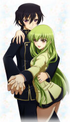Rule 34 | 1boy, 1girl, black hair, blazer, c.c., code geass, commentary, dancing, green eyes, green hair, hair between eyes, hand on another&#039;s shoulder, hand on another&#039;s waist, highres, holding hands, jacket, jewelry, kaname aomame, lelouch vi britannia, long hair, long sleeves, open mouth, pants, purple eyes, ring, school uniform, sidelocks, skirt, smile