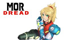 Rule 34 | 1girl, absurdres, arm cannon, armor, bleeding, bleeding from forehead, blonde hair, blood, blood on face, blue armor, braid, commentary, cosplay, crossover, english commentary, english text, fate (series), fseffect, glowing lines, green eyes, green light, grin, half up braid, high ponytail, highres, looking at viewer, metroid, metroid dread, mordred (fate), multicolored armor, nintendo, nosebleed, parted bangs, ponytail, power suit (metroid), pun, red armor, samus aran, samus aran (cosplay), sidelocks, smile, solo, teeth, weapon, white armor, white background, wiping blood, yellow light