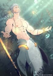 Rule 34 | 1boy, abs, absurdres, bara, bubble, chinstrap beard, closed eyes, closed mouth, coral island, gold bracelet, grey hair, highres, holding, holding jewelry, holding necklace, jewelry, large pectorals, light rays, male focus, merman, mermay 2023, monster boy, muscular, muscular male, navel hair, necklace, nipples, outstretched arms, pectorals, polearm, scar, scar on face, semeru (coral island), short hair, solo, soul patch, spread arms, sunbeam, sunlight, topless male, undercut, underwater, weapon, zwei2x