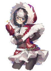 Rule 34 | 1girl, :3, azur lane, black hair, black pantyhose, black ribbon, blue eyes, blush, breasts, capelet, douya (233), eskimo (azur lane), fur-trimmed capelet, fur trim, glasses, gloves, looking at viewer, pantyhose, red capelet, red gloves, ribbon, round eyewear, short hair, small breasts, solo, white hair