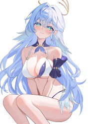 1girl absurdres between_legs bikini blue_hair blush breasts choker closed_mouth collarbone face_jewel green_eyes halo halo_behind_head hand_between_legs head_wings highres honkai:_star_rail honkai_(series) jewel_under_eye large_breasts long_hair looking_at_viewer purple_choker robin_(honkai:_star_rail) senbonsang simple_background solo swimsuit white_background white_bikini white_wings wings