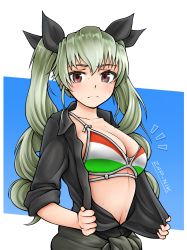 Rule 34 | 1girl, anchovy (girls und panzer), bikini, bikini under clothes, bow, brown eyes, commentary, drill hair, girls und panzer, green hair, hair bow, highres, italian flag, italian flag bikini, jumpsuit, looking at viewer, open clothes, open shirt, simple background, solo, sweatdrop, swimsuit, twin drills, undressing, zap-nik