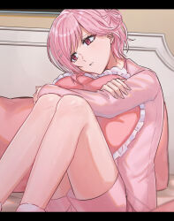 Rule 34 | 1girl, aoki shizumi, bare legs, blush, commentary, hair bun, hair ornament, hairclip, heart, heart-shaped pillow, highres, hugging object, indoors, letterboxed, long sleeves, on bed, parted lips, pillow, pillow hug, pink eyes, pink hair, pink shirt, pink shorts, shirt, shorts, sitting, solo